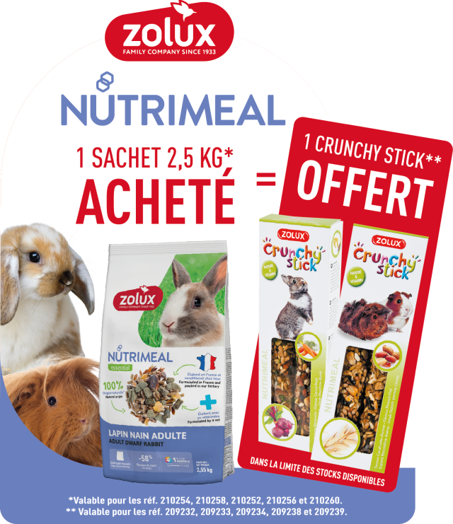 1 Sachet Nutrimeal Petit Mammifère 2,55Kg acheté = 1 Crunchy stick 115 g OFFERT